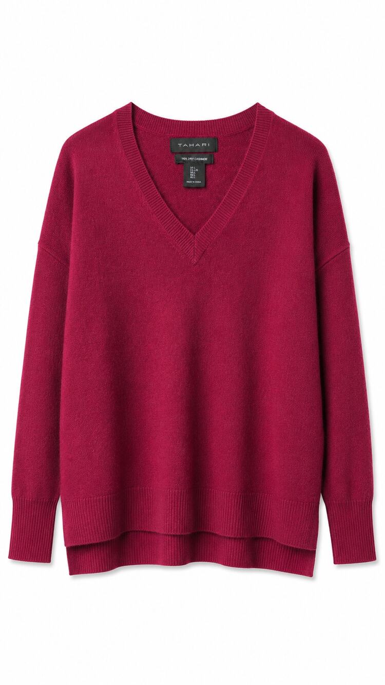 Tahari 100% 2-Ply Cashmere V-Neck Sweater, Cherry Red, Size L